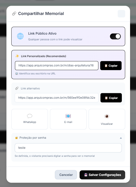 Modal completo de compartilhamento com link personalizado e proteção por senha