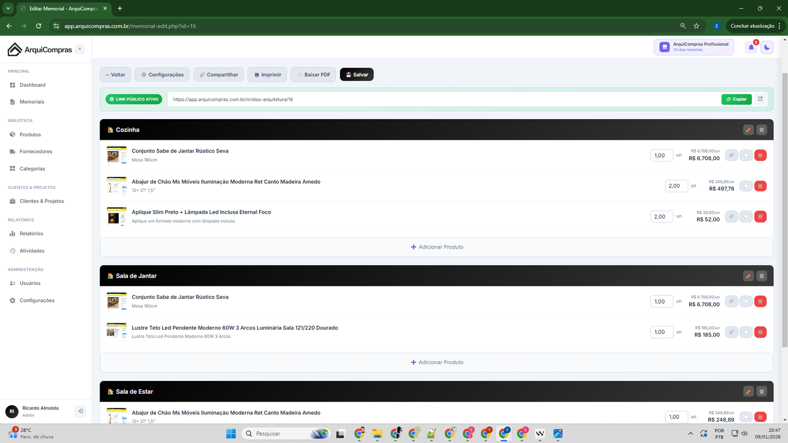 Memorial de Compras organizado por ambiente