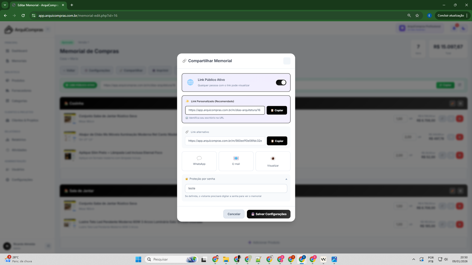 Modal de Compartilhamento do Memorial